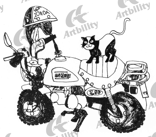 アートビリティ 「スケッチ」先生のバイクと牛猫